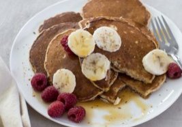 Whole Wheat Pancakes made with flaxseed and whole wheat flour and boast of fiber, protein and healthy fats. 